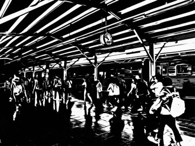 Hua Lamphong Tren İstasyonu 'ndaki tren ve siyah beyaz çizimler yapan yolcular..