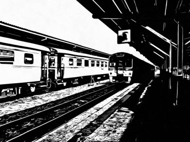 Hua Lamphong Tren İstasyonu 'ndaki tren ve siyah beyaz çizimler yapan yolcular..