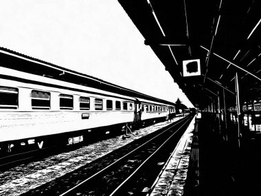 Hua Lamphong Tren İstasyonu 'ndaki tren ve siyah beyaz çizimler yapan yolcular..