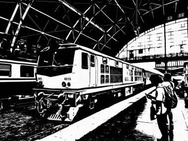 Hua Lamphong Tren İstasyonu 'ndaki tren ve siyah beyaz çizimler yapan yolcular..