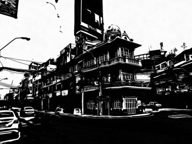 Bangkok 'ta eski bir kasabada eski bir bina Siyah beyaz çizimler.