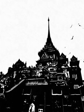 Bangkok 'taki uzun pagoda Siyah beyaz çizimler.
