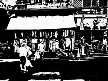 Bangkok 'taki Çin Mahallesi Yaowarat Siyah ve Beyaz Çizimler.