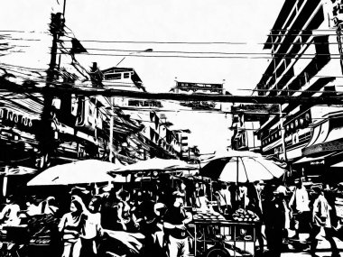 Bangkok 'taki Çin Mahallesi Yaowarat Siyah ve Beyaz Çizimler.