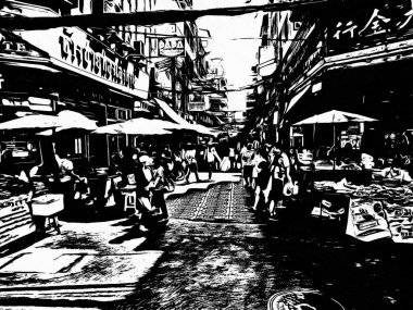 Bangkok 'taki Çin Mahallesi Yaowarat Siyah ve Beyaz Çizimler.