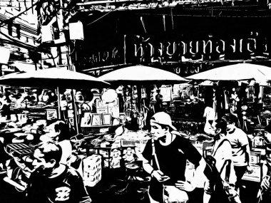 Bangkok 'taki Çin Mahallesi Yaowarat Siyah ve Beyaz Çizimler.