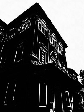 Bangkok 'ta eski bir kasabada eski bir bina. Siyah beyaz çizimler.