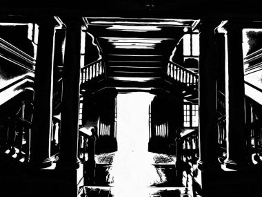 Bangkok 'ta eski bir kasabada eski bir bina Siyah beyaz çizimler.