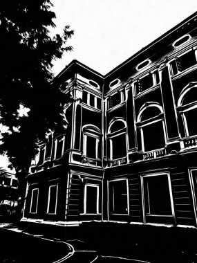 Bangkok 'ta eski bir kasabada eski bir bina Siyah beyaz çizimler.