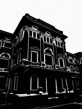 Bangkok 'ta eski bir kasabada eski bir bina Siyah beyaz çizimler.