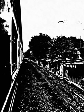 Tayland trenleri tren istasyonuna giriyor Siyah beyaz çizimler.