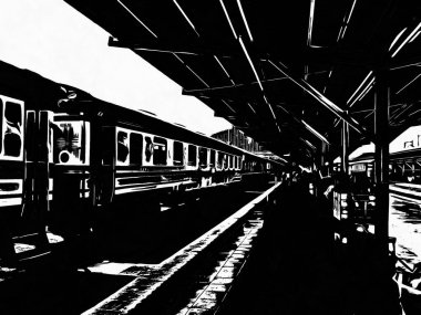 Tayland trenleri tren istasyonuna giriyor Siyah beyaz çizimler.