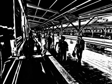 Tayland trenleri tren istasyonuna giriyor Siyah beyaz çizimler.