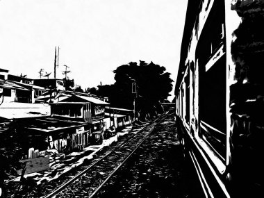 Tayland trenleri tren istasyonuna giriyor Siyah beyaz çizimler.