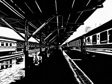 Tayland trenleri tren istasyonuna giriyor Siyah beyaz çizimler.