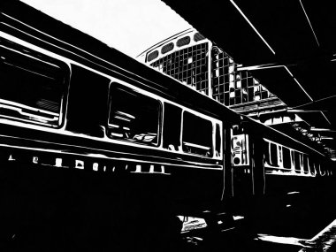 Tayland trenleri tren istasyonuna giriyor Siyah beyaz çizimler.