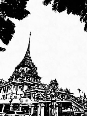 Bangkok 'taki uzun pagoda Siyah beyaz çizimler.