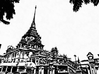 Bangkok 'taki uzun pagoda Siyah beyaz çizimler.