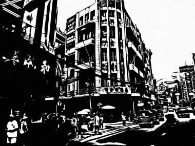 Bangkok 'taki Çin Mahallesi Yaowarat Siyah ve Beyaz Çizimler.