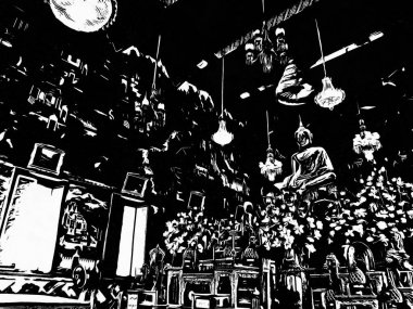 Wat Arun Bangkok Siyah beyaz çizimlerinin manzarası.