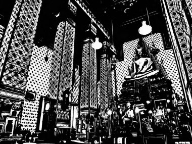 Wat Arun Bangkok Siyah beyaz çizimlerinin manzarası.