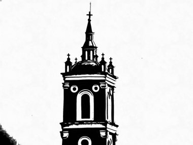 Gotik Mimari Kilisesi Siyah ve Beyaz Çizimler.