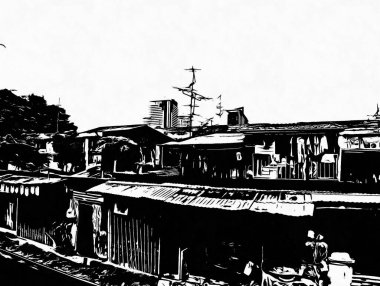 Bangkok 'un gecekondu mahallesindeki evlerin manzarası. Siyah beyaz çizimler..