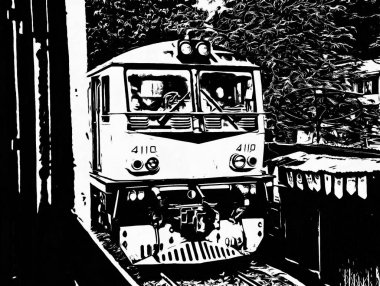 Eski dizel lokomotif Siyah beyaz çizimler.