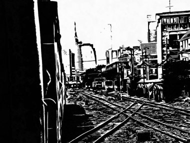 Tayland trenleri tren istasyonuna giriyor Siyah beyaz çizimler.