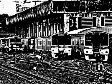 Eski dizel lokomotif Siyah beyaz çizimler.