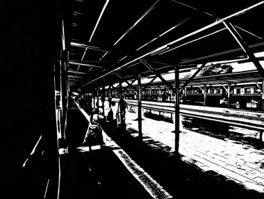 Tayland trenleri tren istasyonuna giriyor Siyah beyaz çizimler.