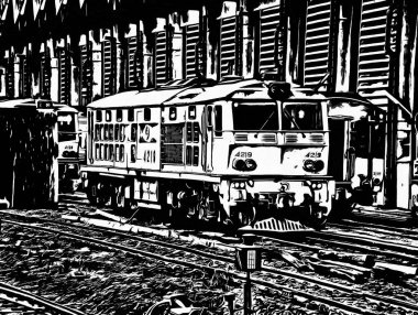 Eski dizel lokomotif Siyah beyaz çizimler.