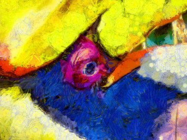 Boynuz gagalı bir resmin baş ağrısı ve yüzü empresyonist bir resim tarzı yaratır..