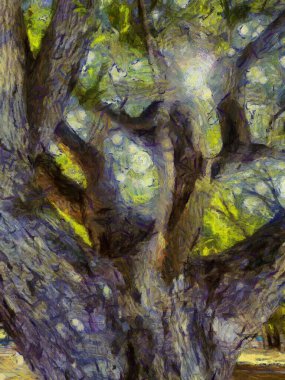 Büyük bir ağacın gövdesi ve dalları Illustrations, empresyonist bir resim tarzı yaratır..