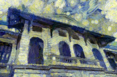 Kemerli camları olan antik Avrupa mimari binaları empresyonist bir resim tarzı yaratıyor.