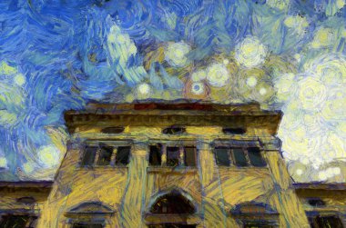 Antik sarı bina Avrupa mimarisi İllüstrasyonları empresyonist bir resim tarzı yaratıyor.