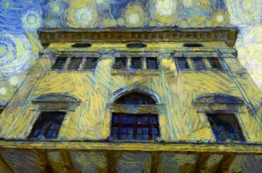 Antik sarı bina Avrupa mimarisi İllüstrasyonları empresyonist bir resim tarzı yaratıyor.