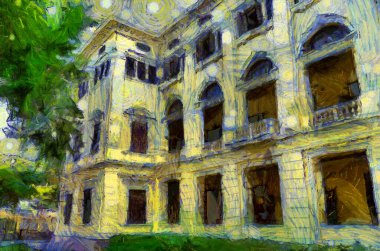 Antik sarı bina Avrupa mimarisi İllüstrasyonları empresyonist bir resim tarzı yaratıyor.