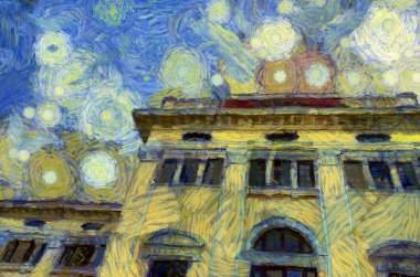 Antik sarı bina Avrupa mimarisi İllüstrasyonları empresyonist bir resim tarzı yaratıyor.