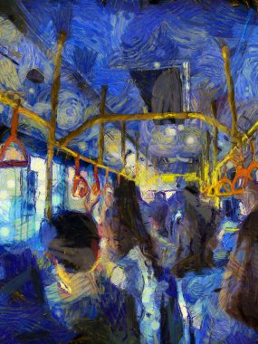 Kamu otobüslerindeki yolcular Illustrations, empresyonist bir resim tarzı yaratıyor.