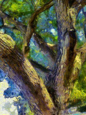 Büyük bir ağacın gövdesi ve dalları Illustrations, empresyonist bir resim tarzı yaratır..