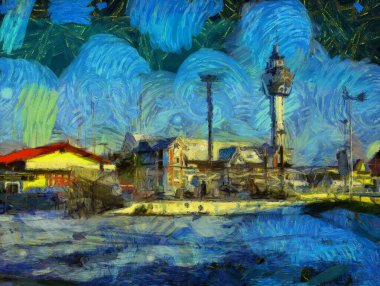 Şehir resimlerini görmek için yüksek kulenin manzarası empresyonist bir resim tarzı yaratıyor..