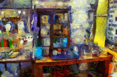 Geleneksel Tayland sabah kahvecisi Illustrations, empresyonist bir resim stili yarattı.