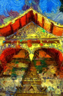 Tayland köylerindeki antik tapınakların manzarası Illustrations, empresyonist bir resim tarzı yaratıyor..