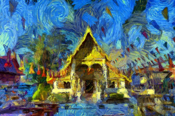 Landscape Ancient Temples Thai Villages Illustrations Creates Impressionist Style Painting — Stock Photo, Image