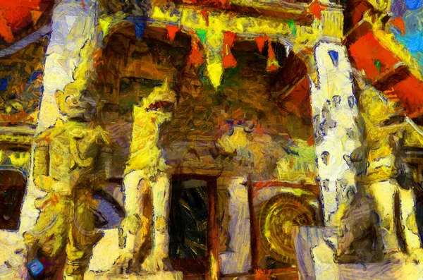 Пейзаж Древних Храмов Тайских Деревнях Иллюстрации Создает Импрессионистский Стиль Живописи — стоковое фото