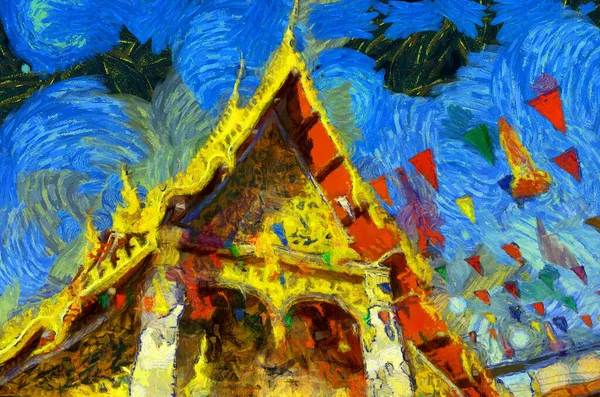 Landscape Ancient Temples Thai Villages Illustrations Creates Impressionist Style Painting — Stock Photo, Image