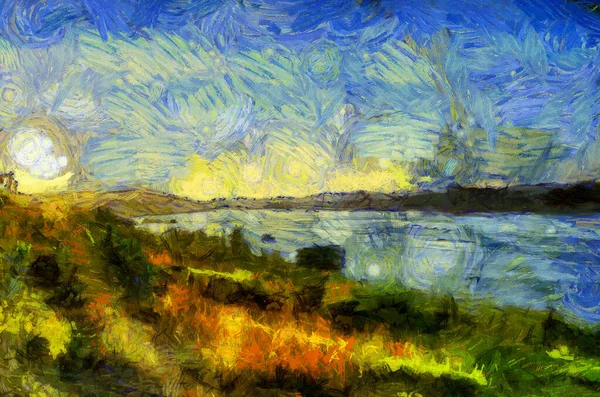 Пейзаж Річки Меконг Під Час Сутінкових Ілюстрацій Створює Імпресіоністський Стиль — стокове фото