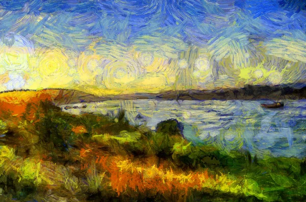 黄昏时分的湄公河景观设计创造了一种印象派风格的绘画 — 图库照片