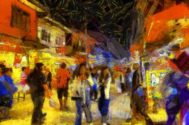 Geceleri piyasanın manzarası, Mekong Nehri 'ndeki toplumsal pazar resimleri izlenimci bir stil yaratıyor..